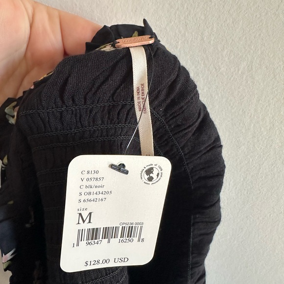 NWT Free People Kaia Smocked Tie Up Crop Top Black Floral Print size Medium - Picture 7 of 7